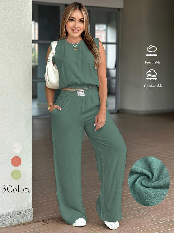 New breathable solid color versatile T-shirt top and trousers casual set