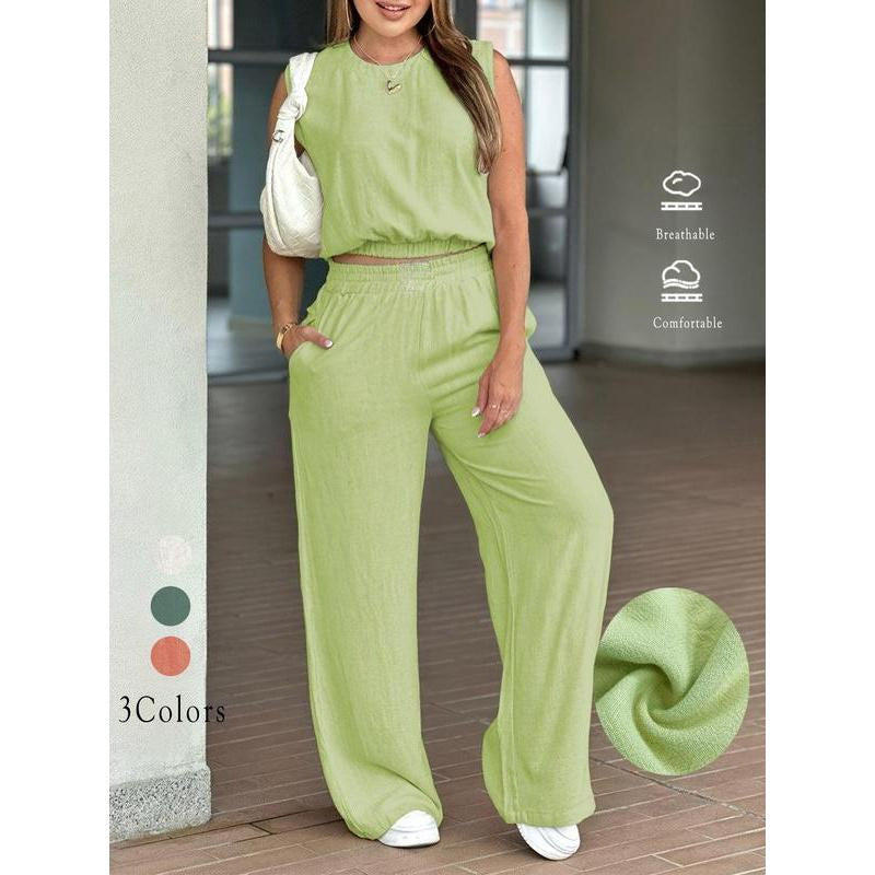 New breathable solid color versatile T-shirt top and trousers casual set