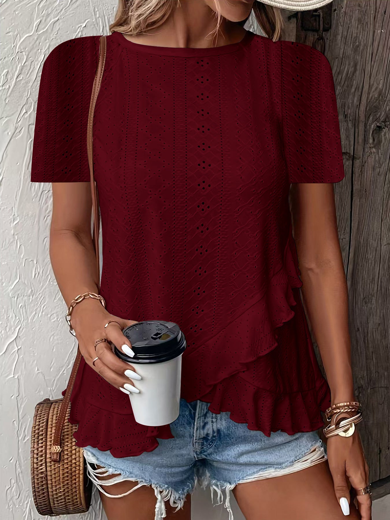 Casual solid color short-sleeved crew neck T-shirt