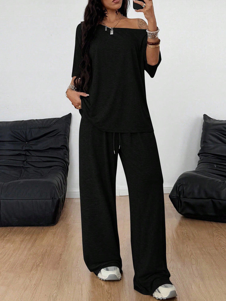 Casual solid color off-shoulder sports two-piece set