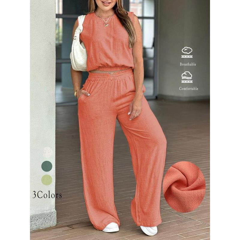 New breathable solid color versatile T-shirt top and trousers casual set
