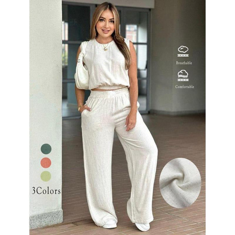 New breathable solid color versatile T-shirt top and trousers casual set
