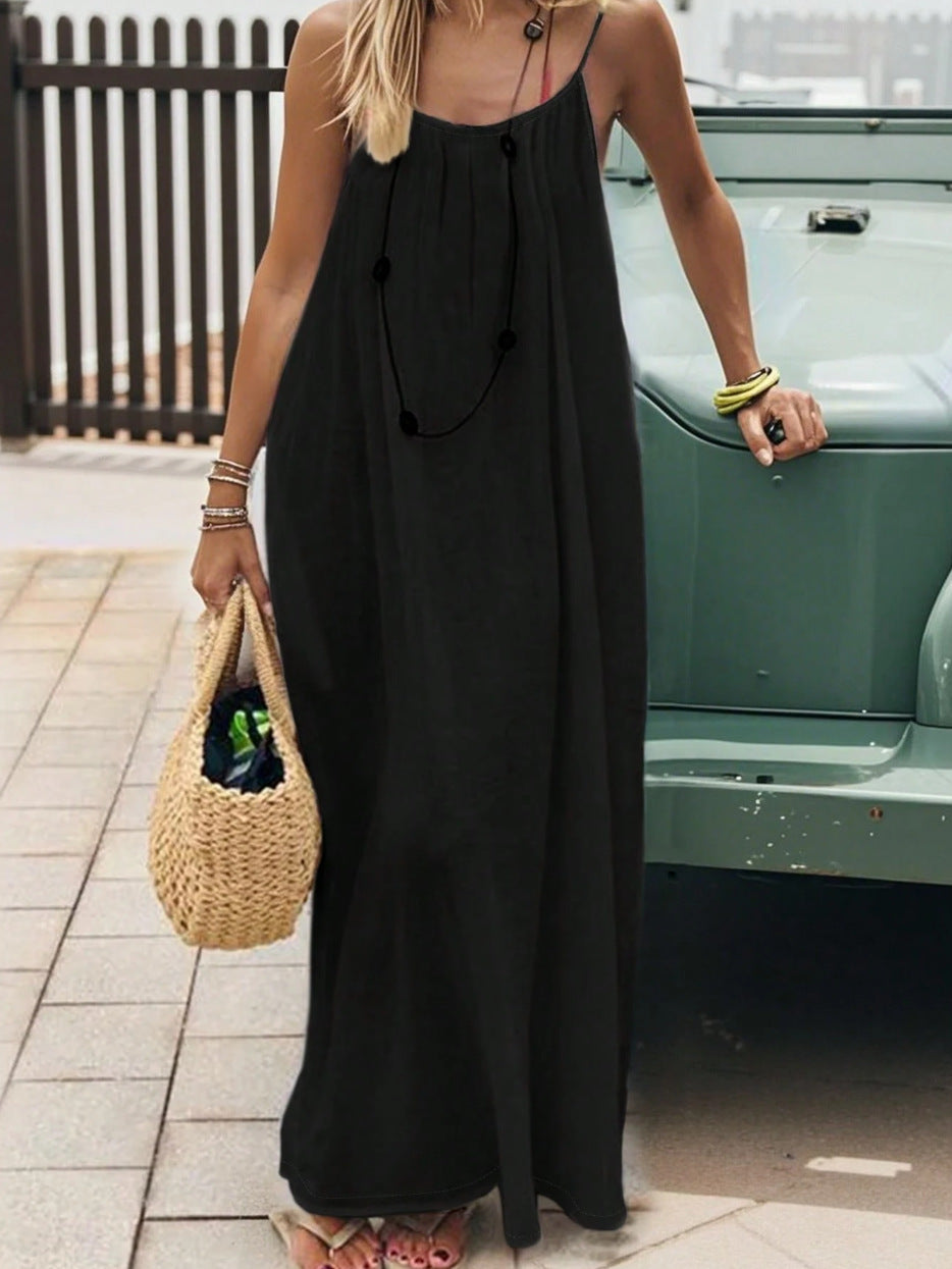 Plus-size solid color suspender dress