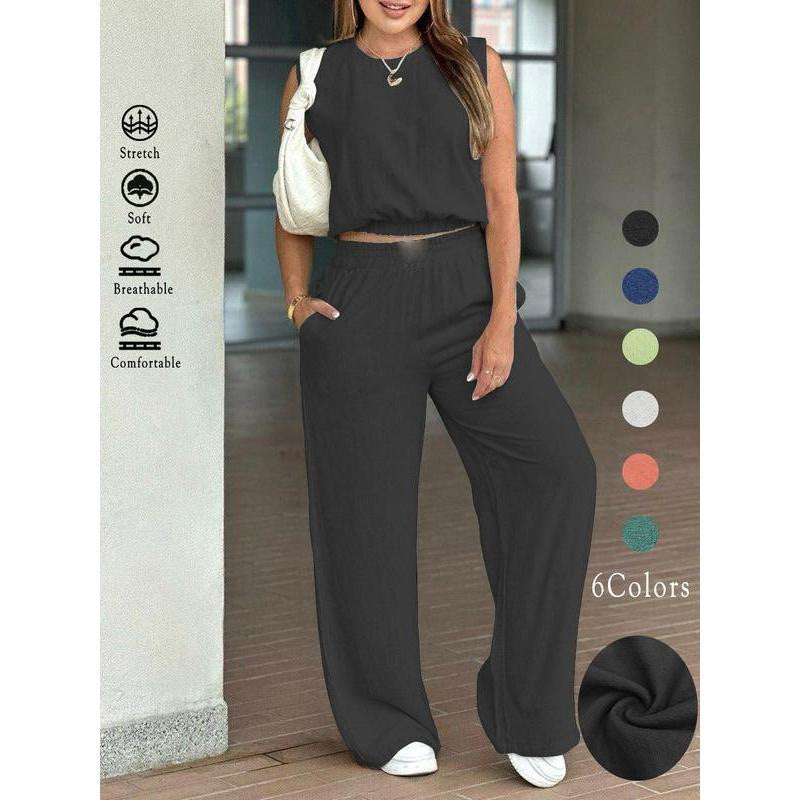New breathable solid color versatile T-shirt top and trousers casual set