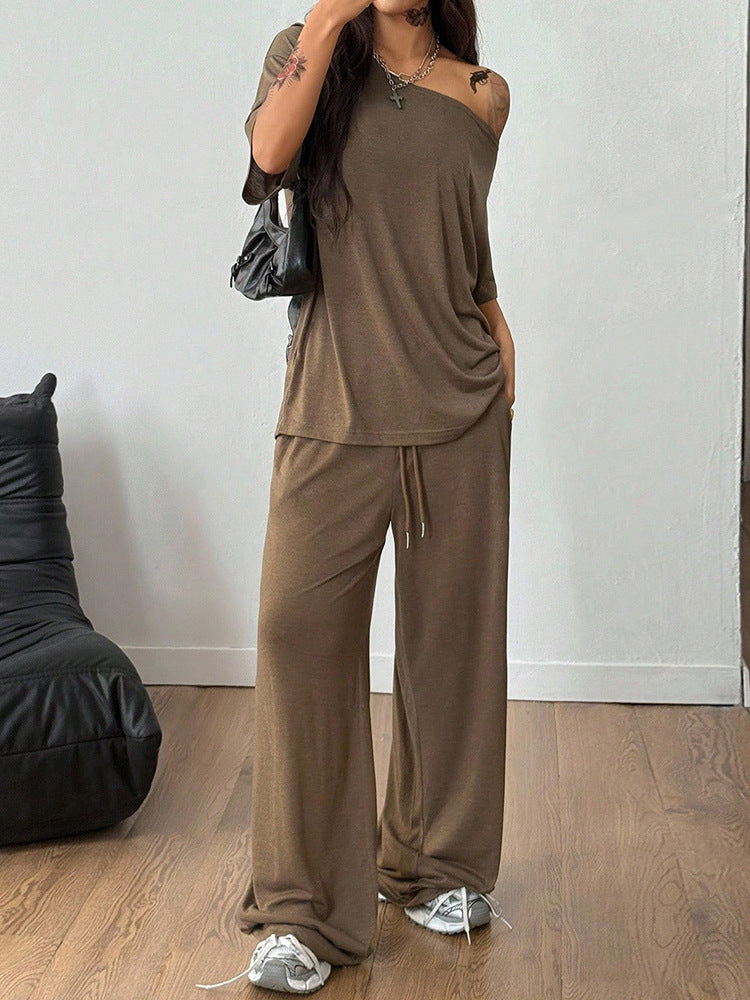 Casual solid color off-shoulder sports two-piece set