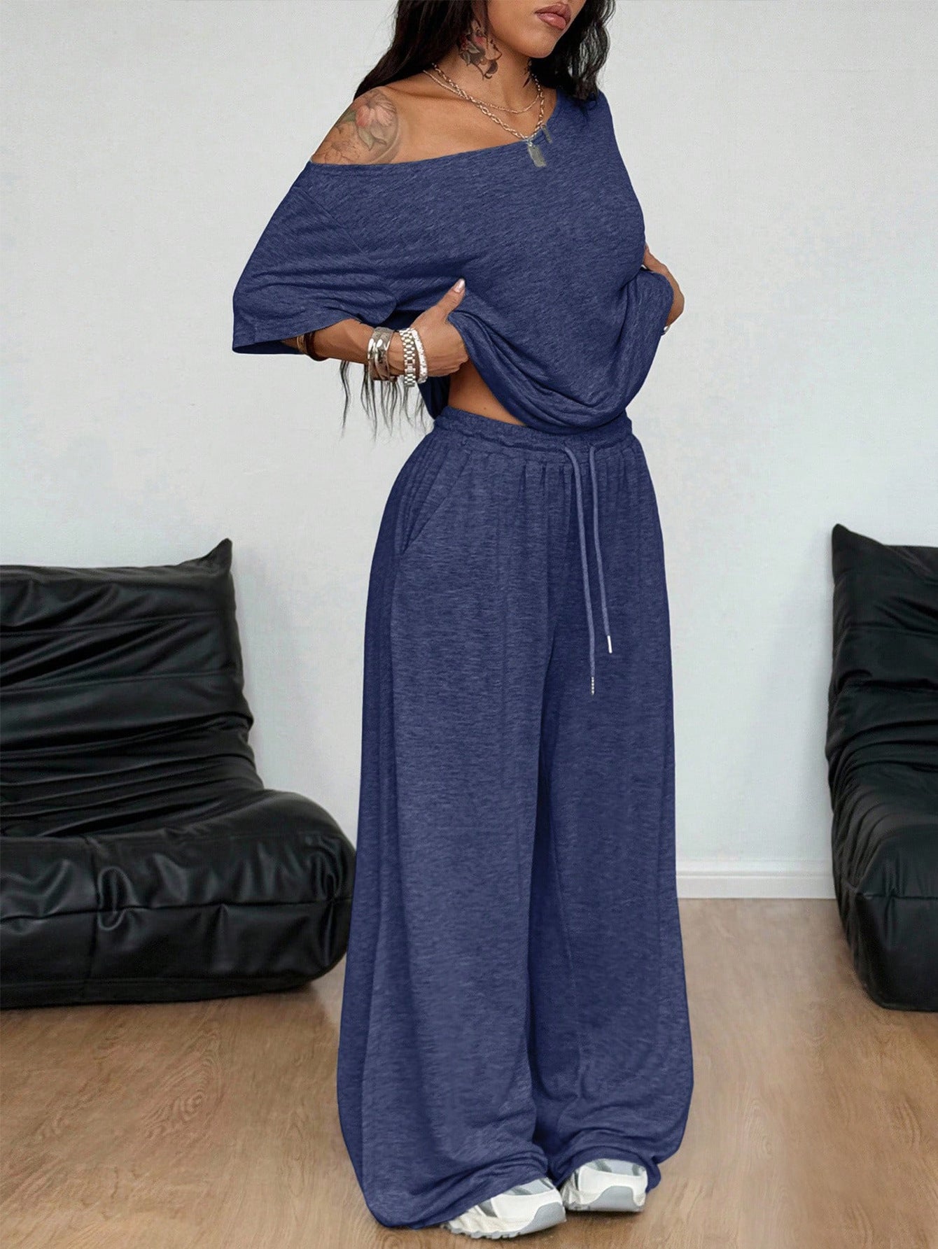 Casual solid color off-shoulder sports two-piece set